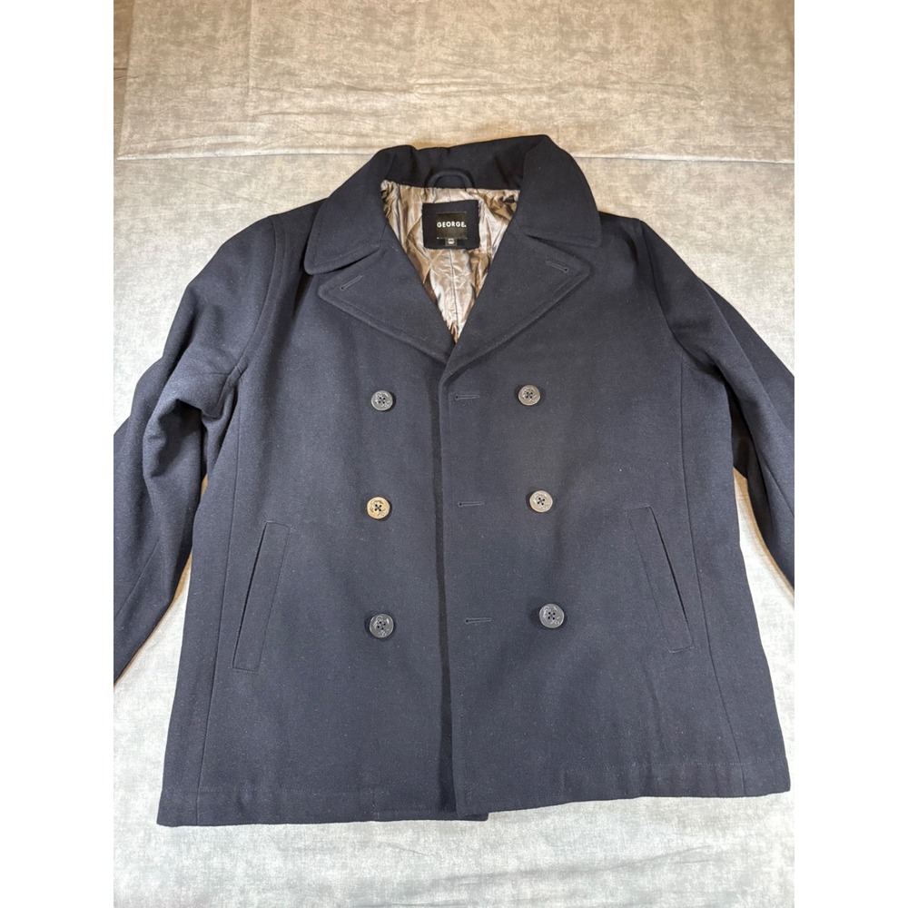 George Men's Peacoat XL 46-48 Dark Navy Wool Blend Double Breasted Coat